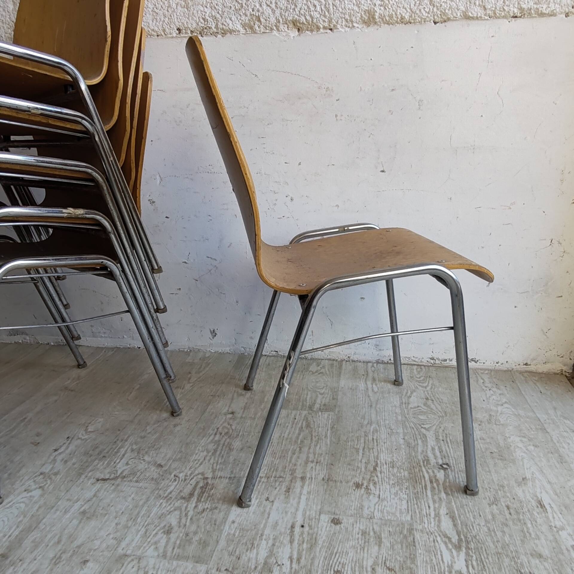 Set of 6 Vintage Bentwood Stacking Chairs Chrome Frame Mid Century