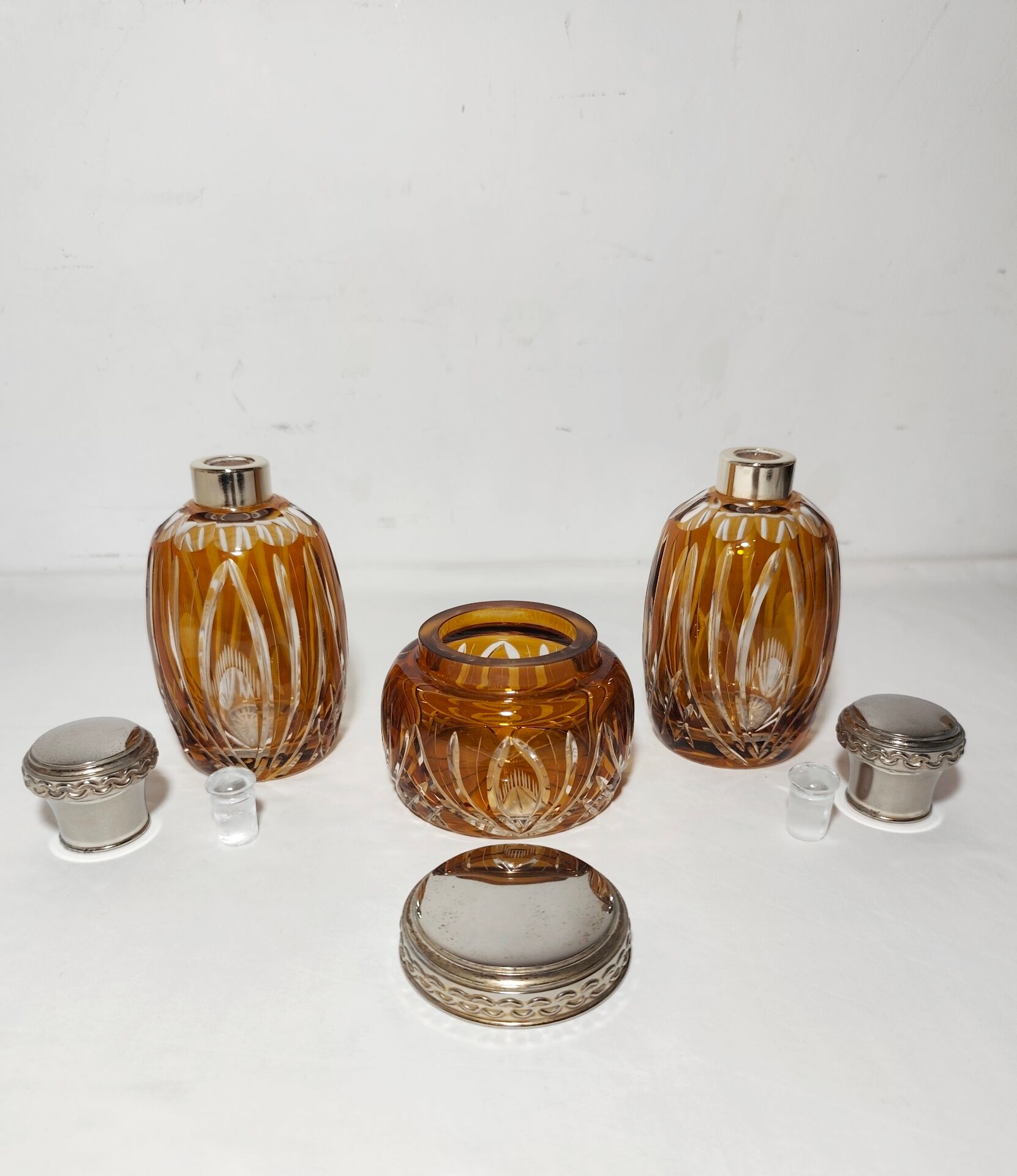 Bohemian glass dressing table set. Czechoslovakia, 1950s.