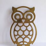 Vintage 70s owl golden brass trivet