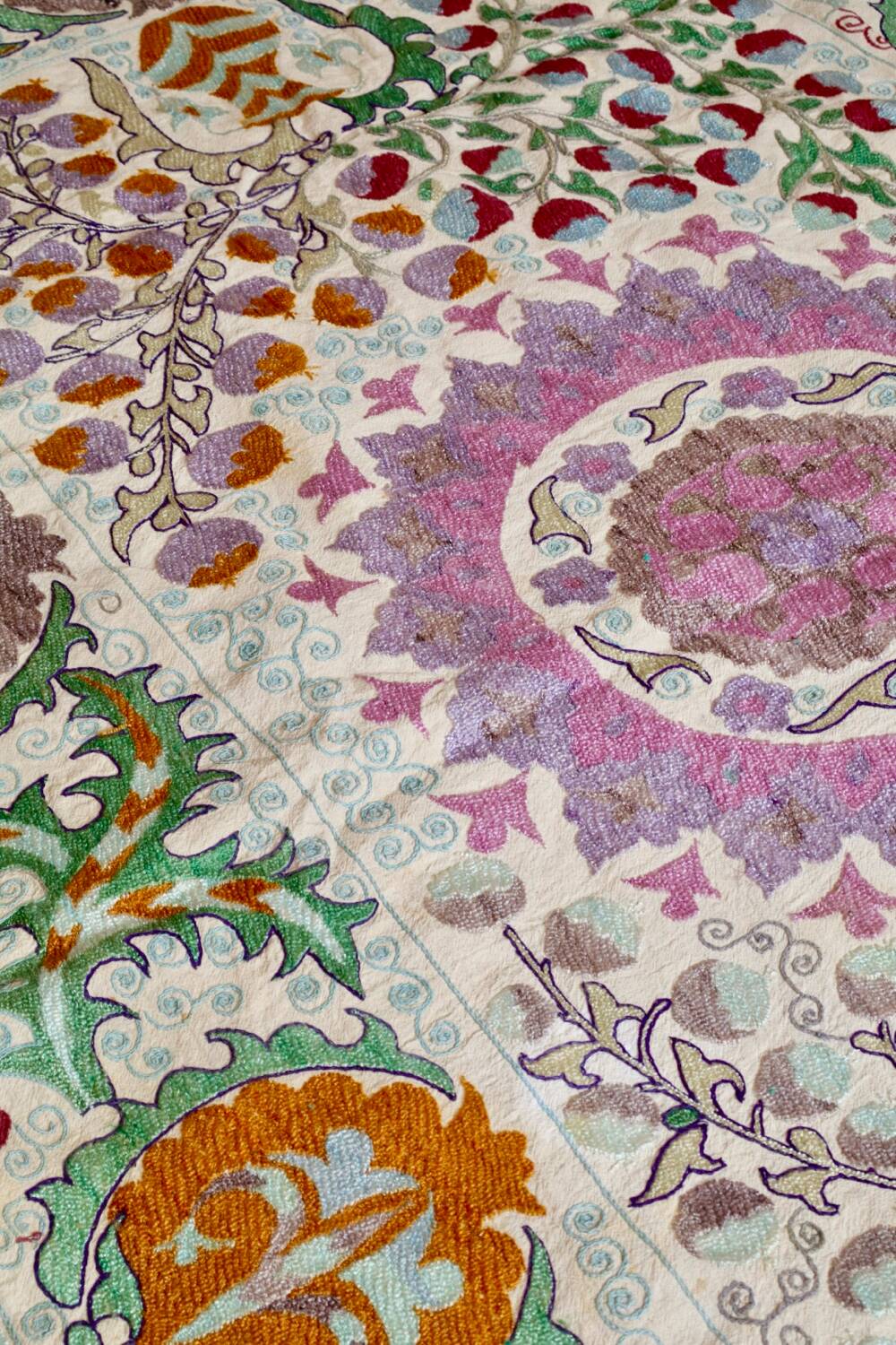 Antique hand embroidered silk suzani bedspread