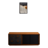Teak sideboard with industrial metal drawers and 2 black sliding doors