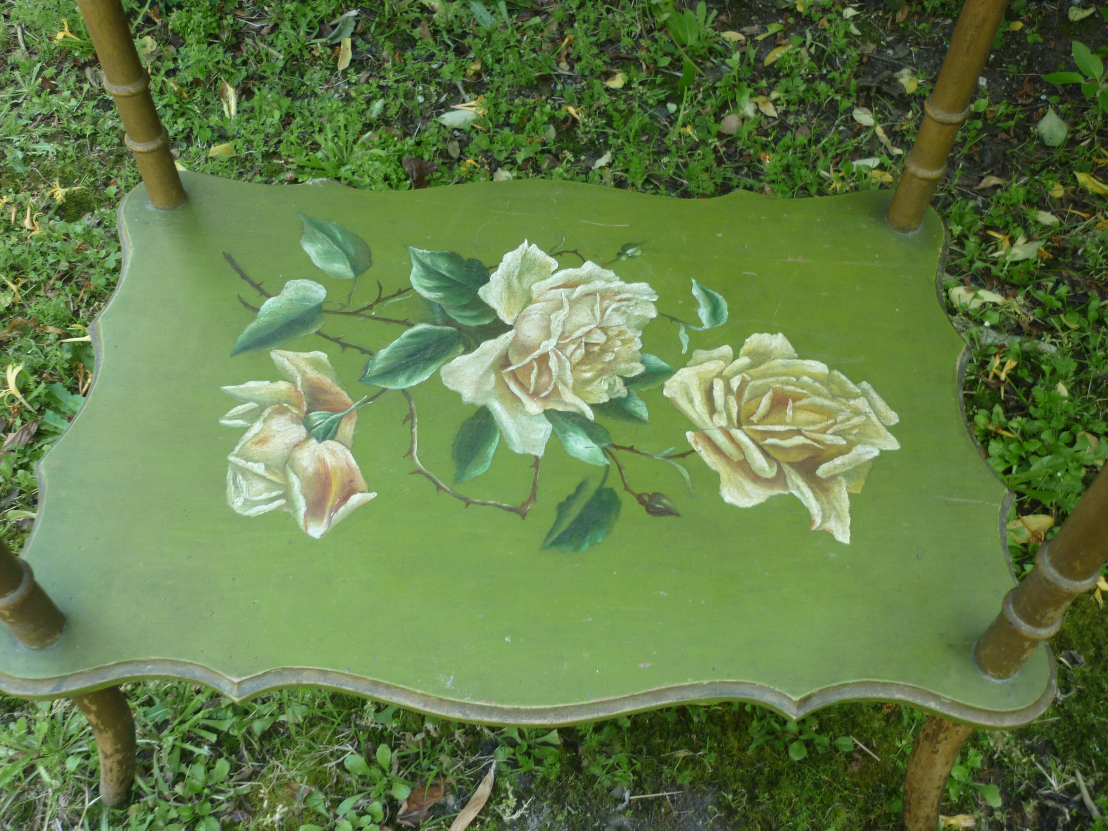 wooden side table painted flowers