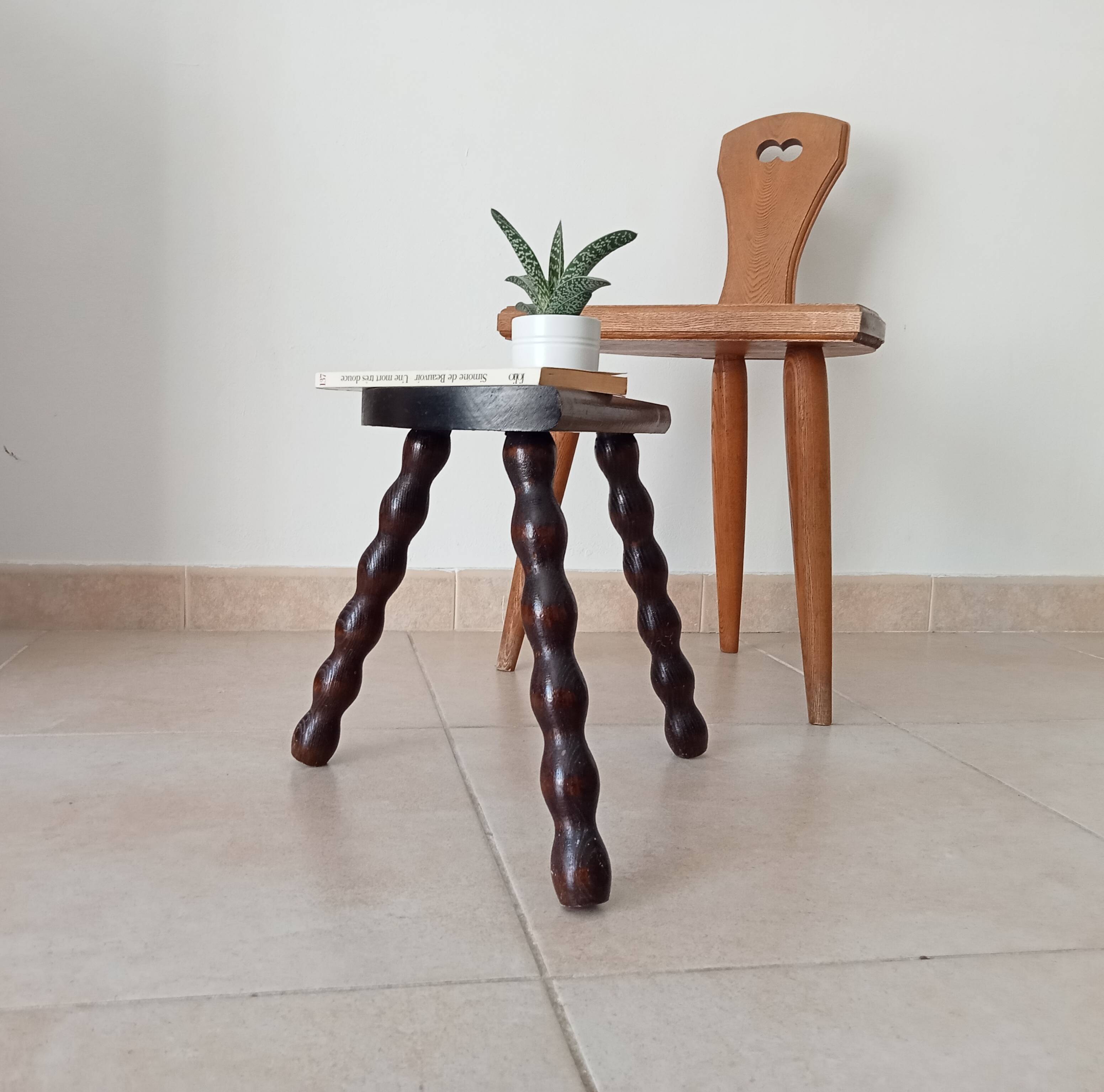 Vintage turned wooden tripod stool