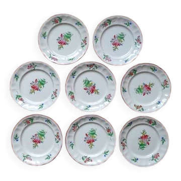 Kg luneville " réverbère " 8 assiettes dessert faience fleurs peint main ø20,5cm