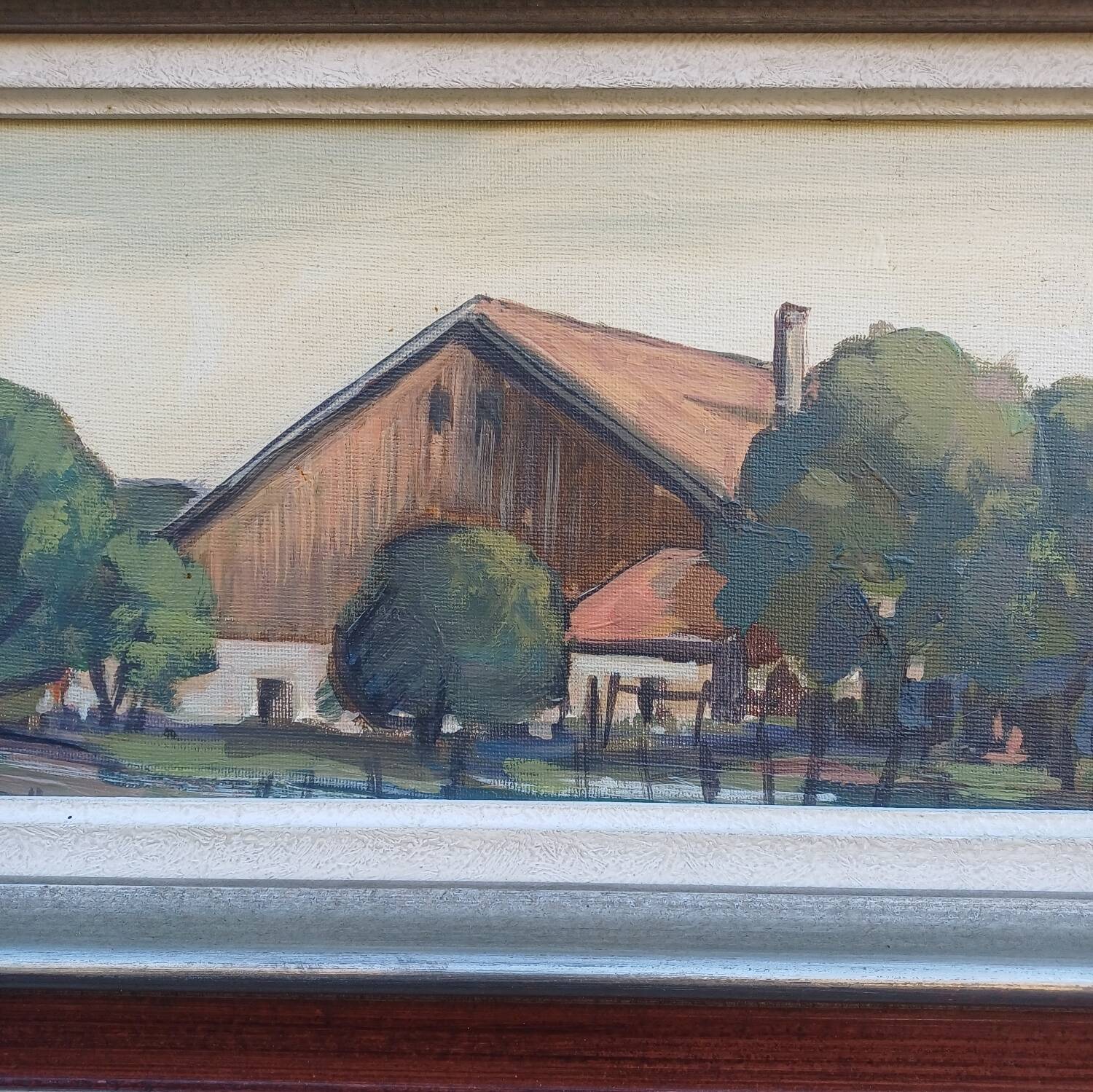 Oil painting on canvas Swiss Chalet Farm signed Boegli