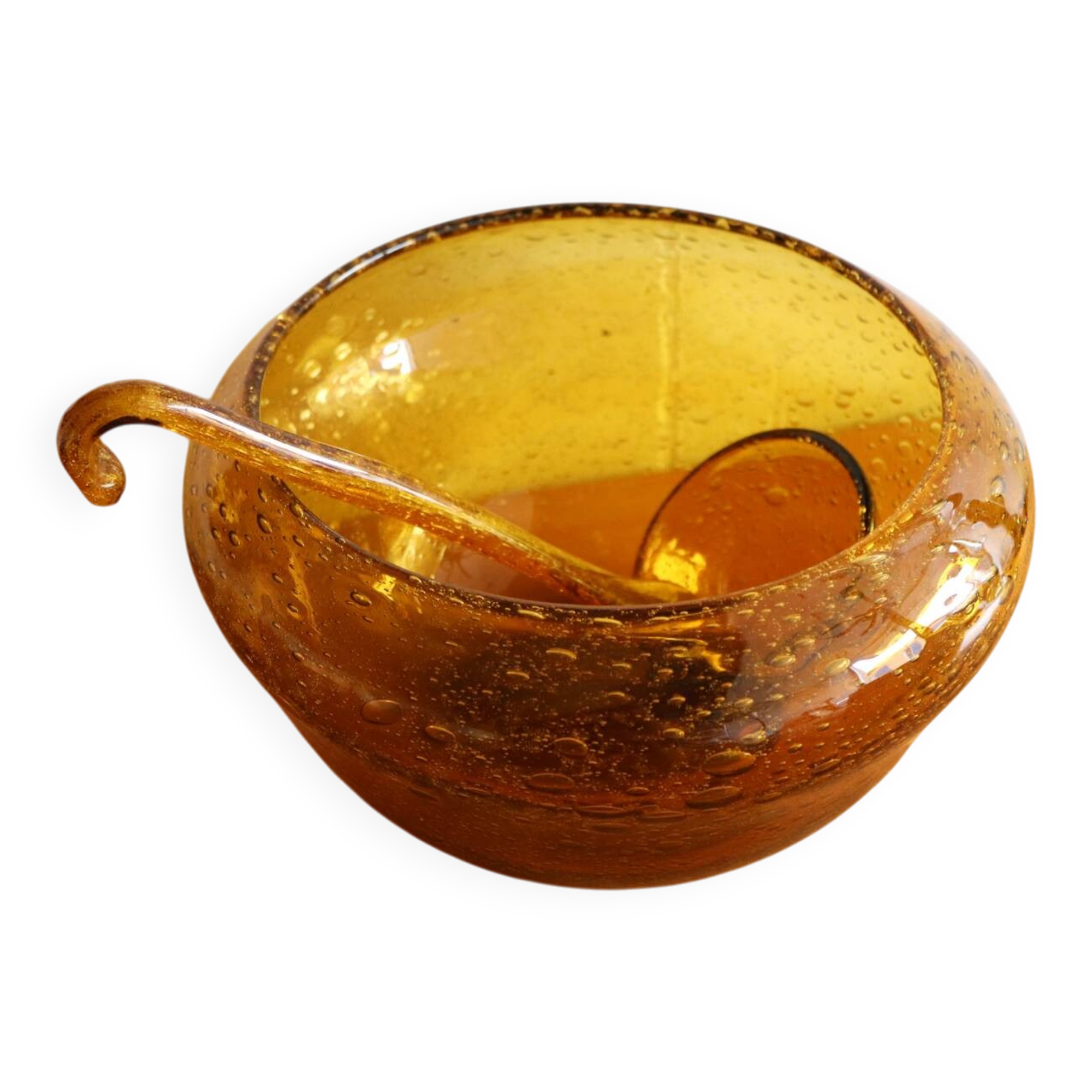 Vintage amber blown bubble glass salad bowl and ladle.