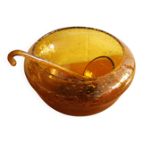 Vintage amber blown bubble glass salad bowl and ladle.