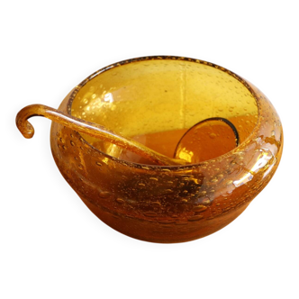 Vintage amber blown bubble glass salad bowl and ladle.