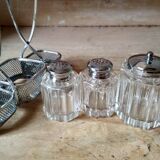 Set of 2 small salt pots and mustard pot in molded glass on their metal servant