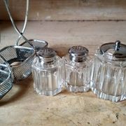 Set of 2 small salt pots and mustard pot in molded glass on their metal servant