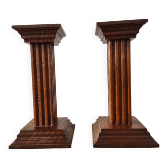 Pair of vintage oak wood candlesticks in Art Deco style