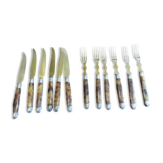 Cutlery for dessert 12 pieces in Bakelite silver and golden metal around 1930