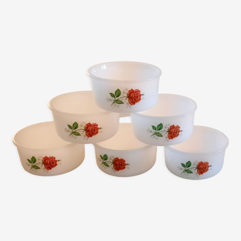 Ramequins en verre arcopal, décor fleur de rosier, vintage