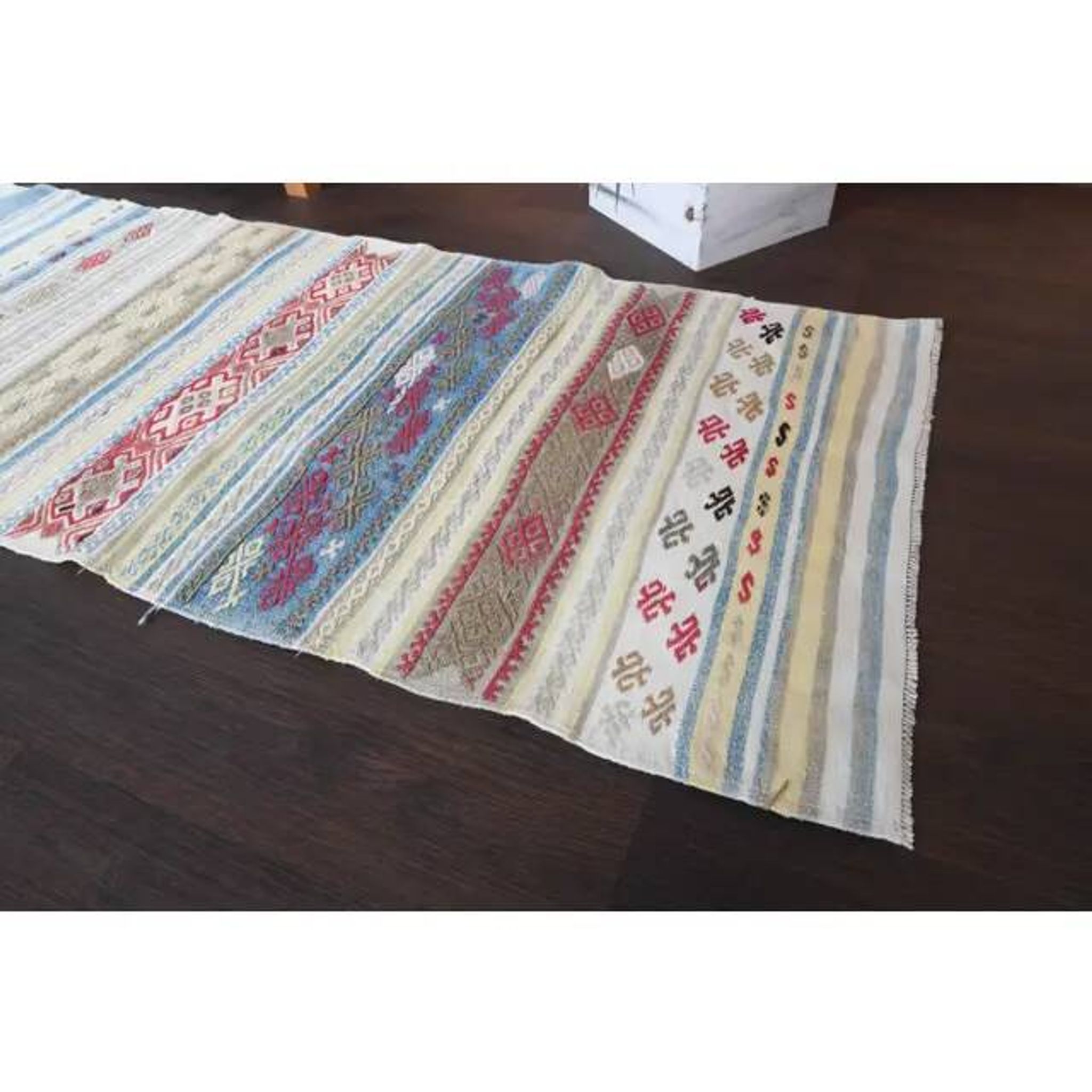 1970s Vintage Turkish Hand-Knotted Wool Cotton White Runner Rug 66x288