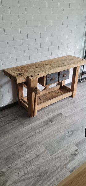 Old carpenter's workbench two drawers, industrial furniture