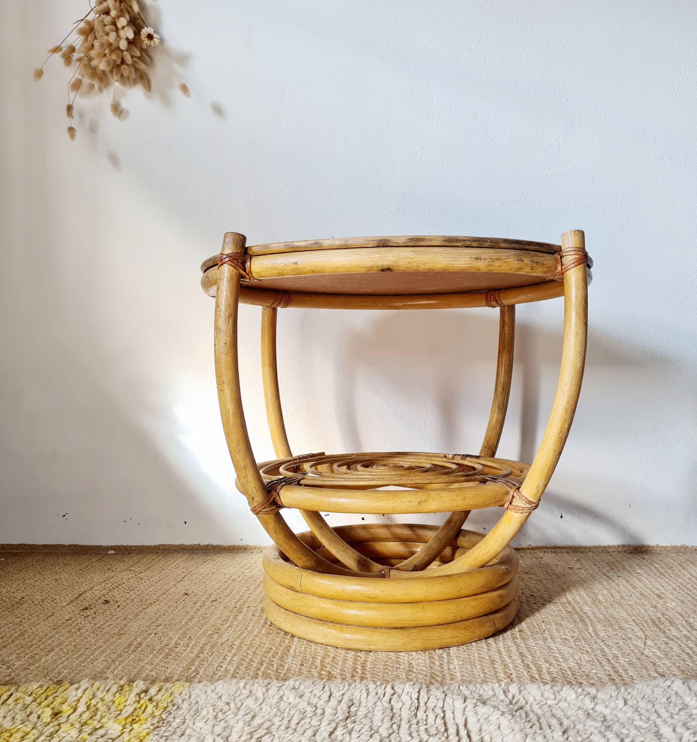 Vintage rattan side table with two round tops – 1960