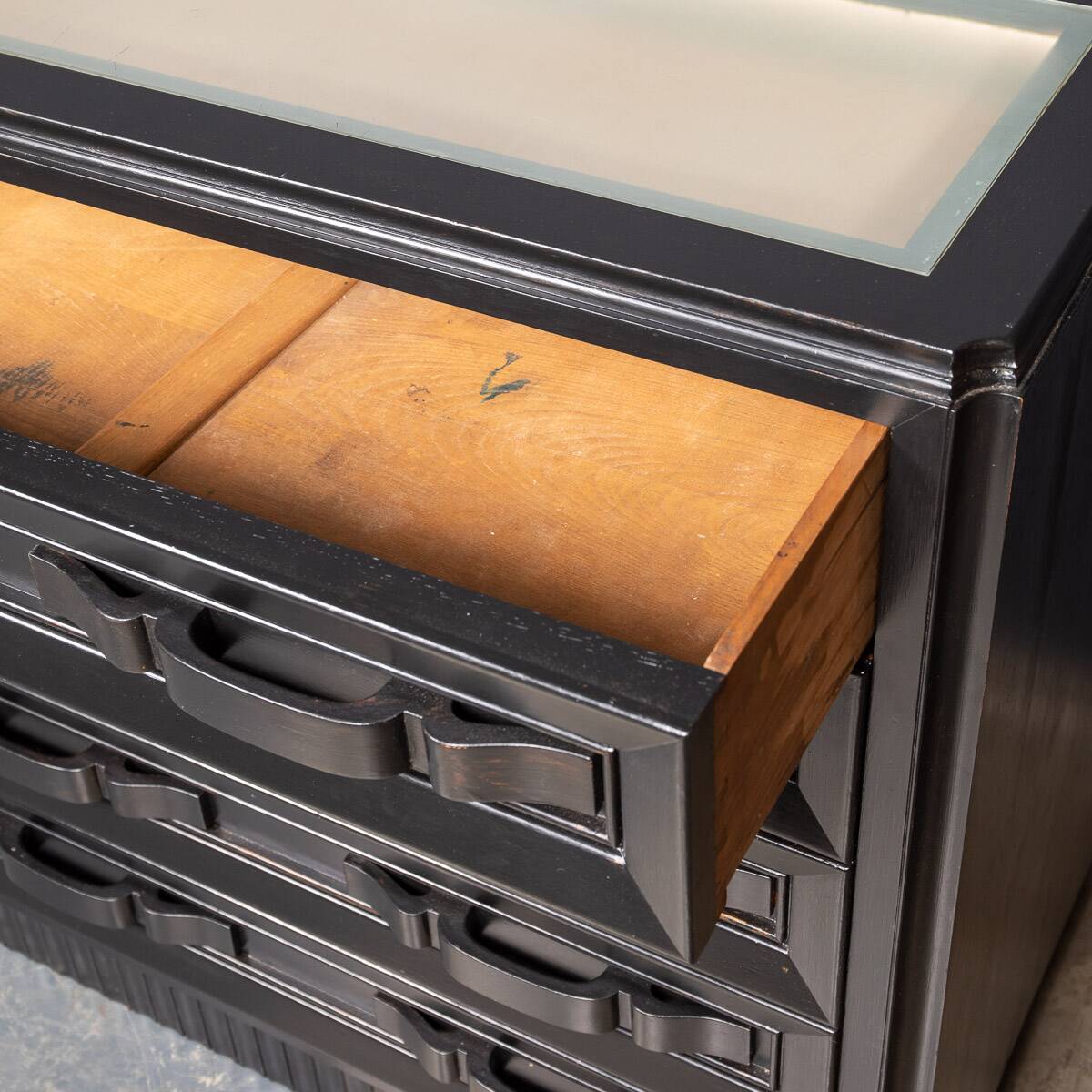 Antique 20thc italian ebonised chest of drawers with display top c.1930