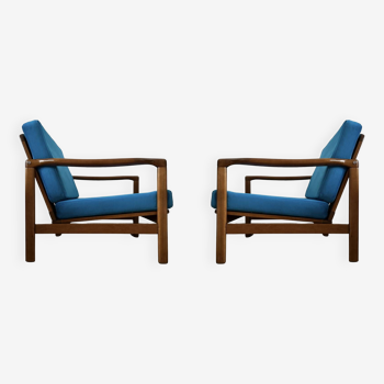 Set of Two Midcentury Armchairs, Blue Velvet Upholstery, Poland, 1960s