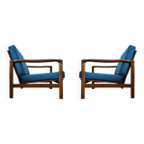 Ensemble de deux fauteuils vintage, revêtement en velours bleu, Pologne, 1960