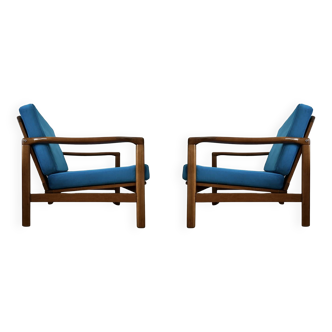 Ensemble de deux fauteuils vintage, revêtement en velours bleu, Pologne, 1960