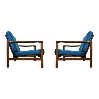 Set of Two Midcentury Armchairs, Blue Velvet Upholstery, Poland, 1960s