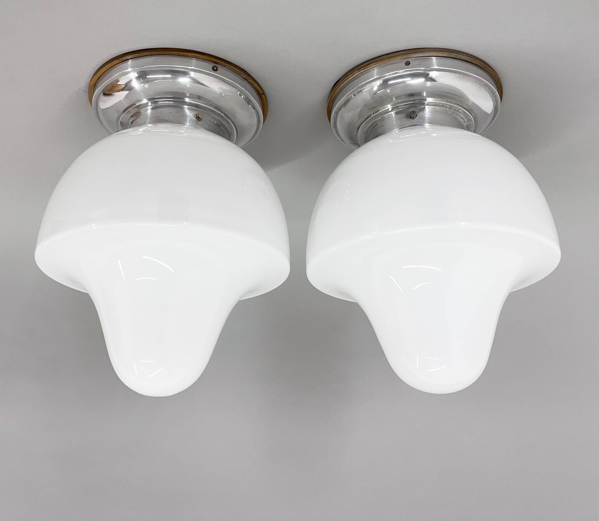 Pair of Mid-Century Chrome & Milk Glass Ceiling Ligts, Restored