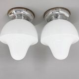 Pair of Mid-Century Chrome & Milk Glass Ceiling Ligts, Restored