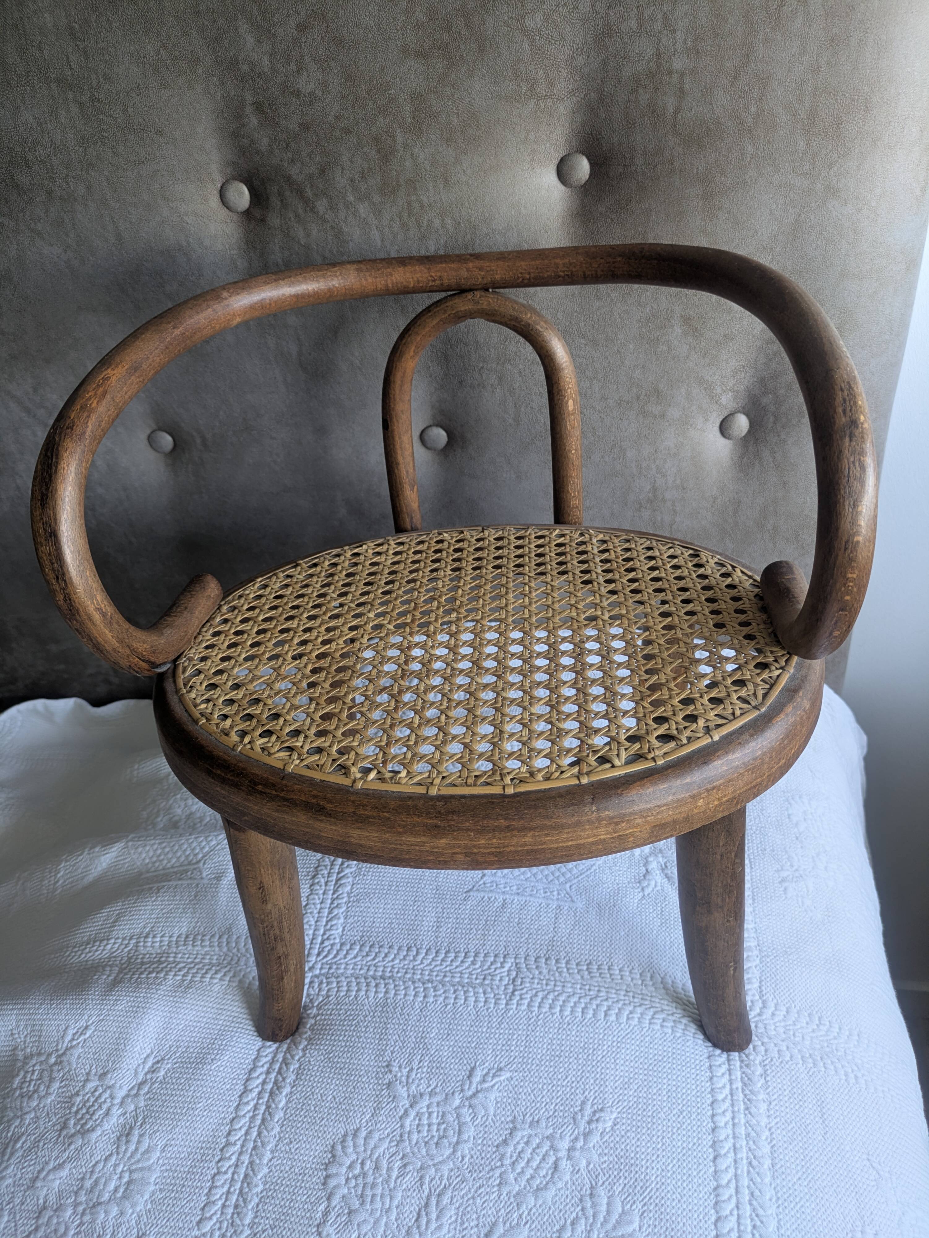 Small Antique Children's Armchair in Curved Wood and Cane