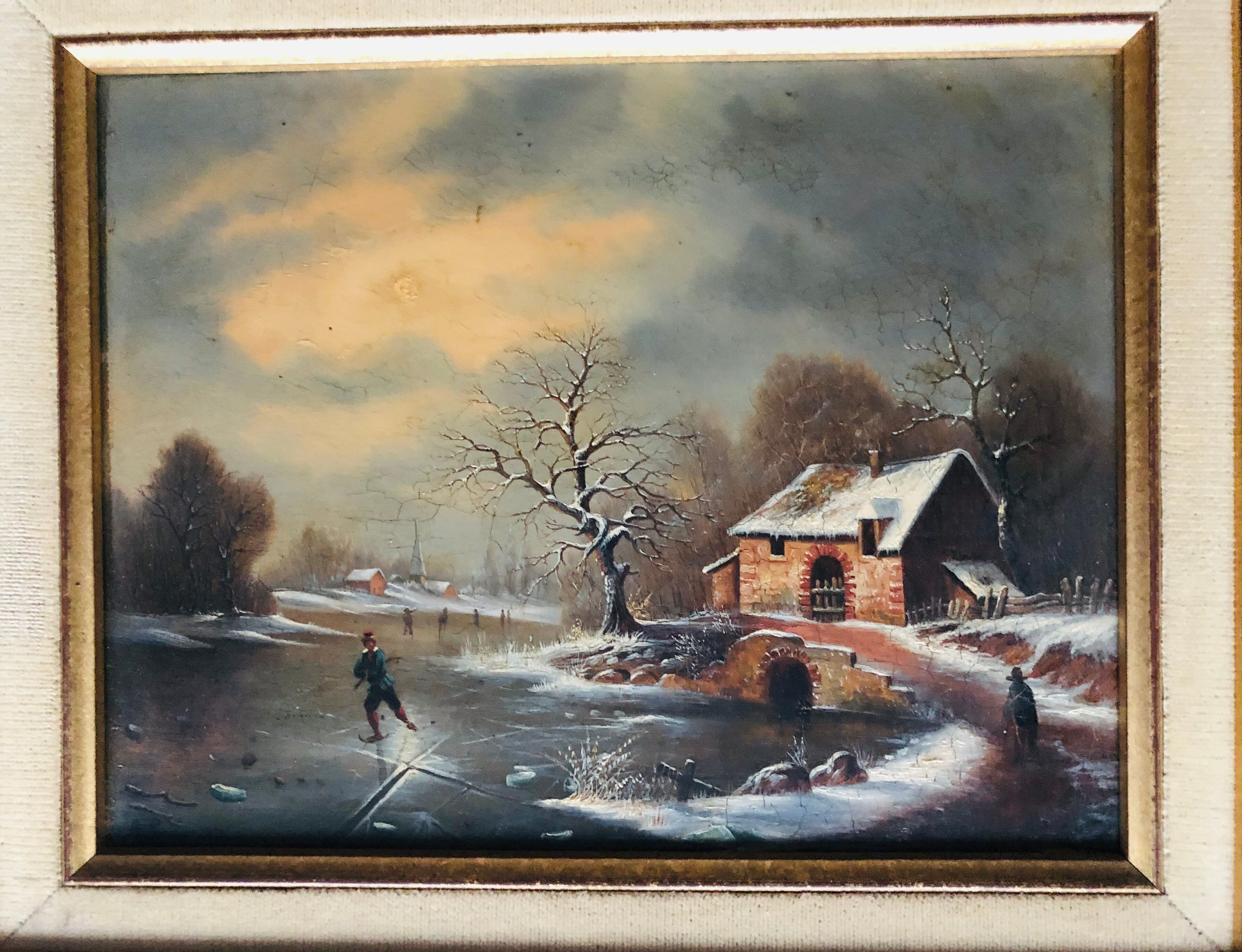 Huile sur toile, paysage d'hiver animé