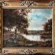 Tableau HST "Animated Lakeside Landscape" by Barbizon school, signed Décharme.