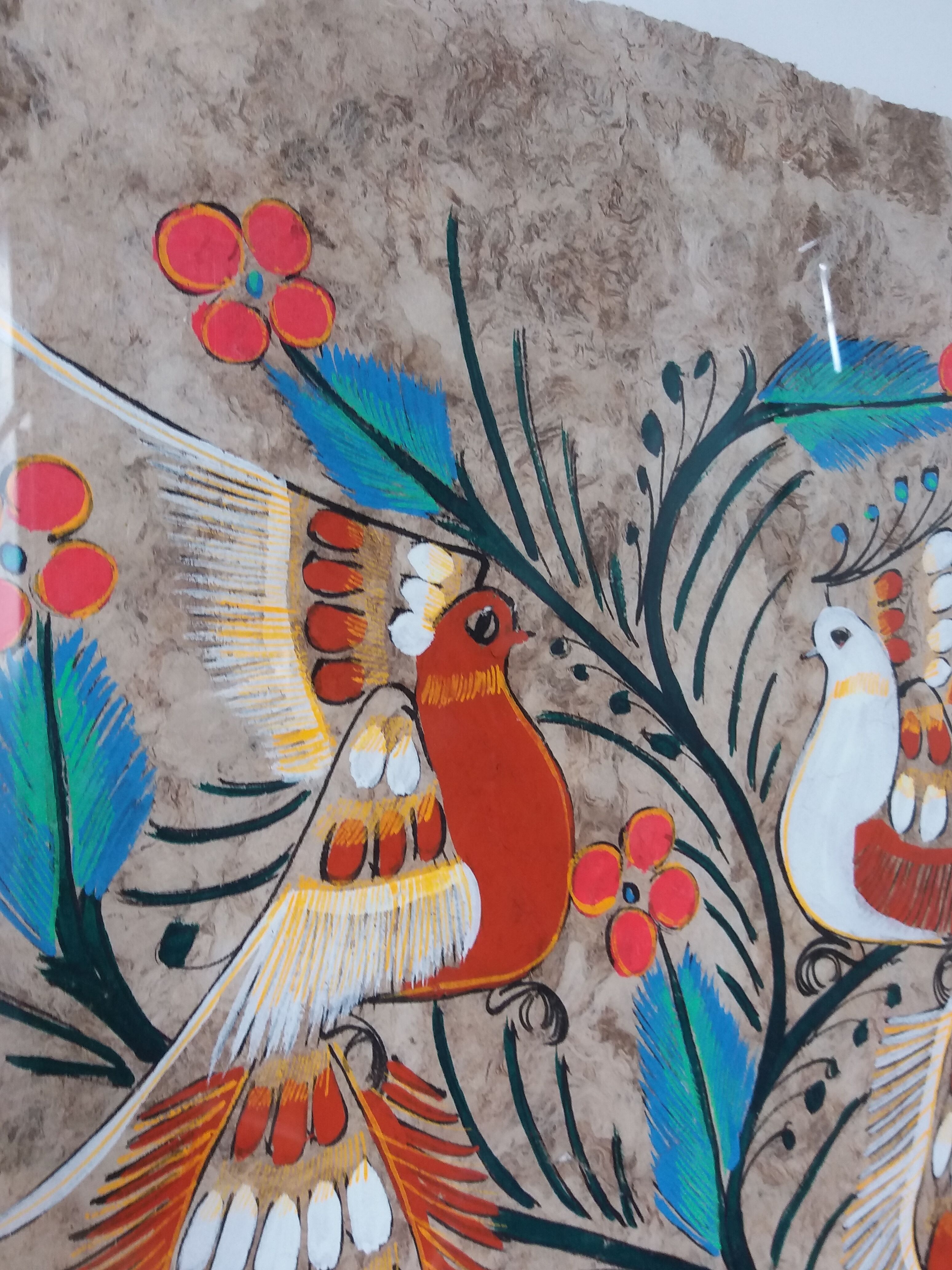 Painting on amate from Mexico, birds and flowers, framed