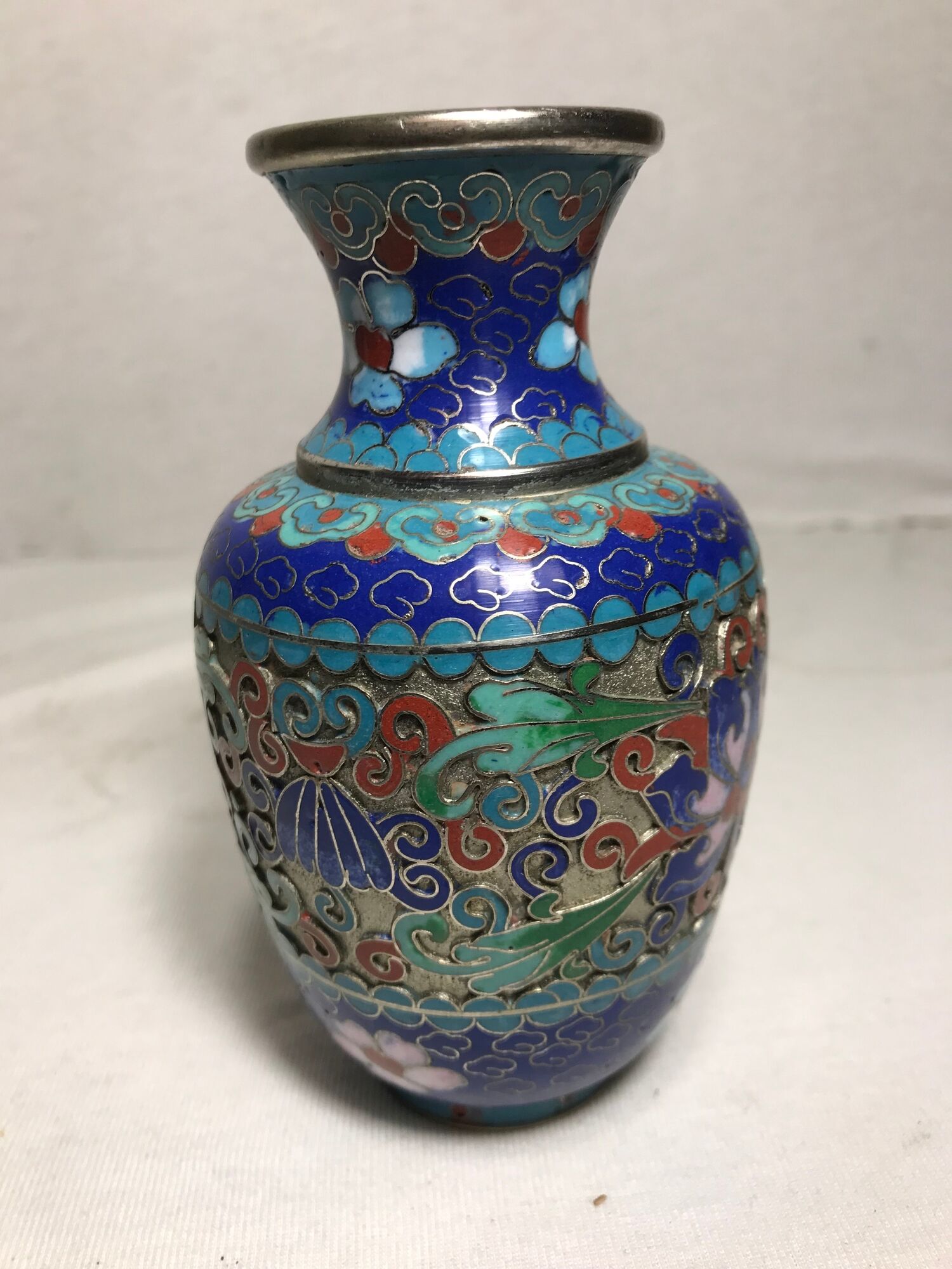 Old Vase Cloisonne enameled flowers designs Metal Decoration Vintage #3