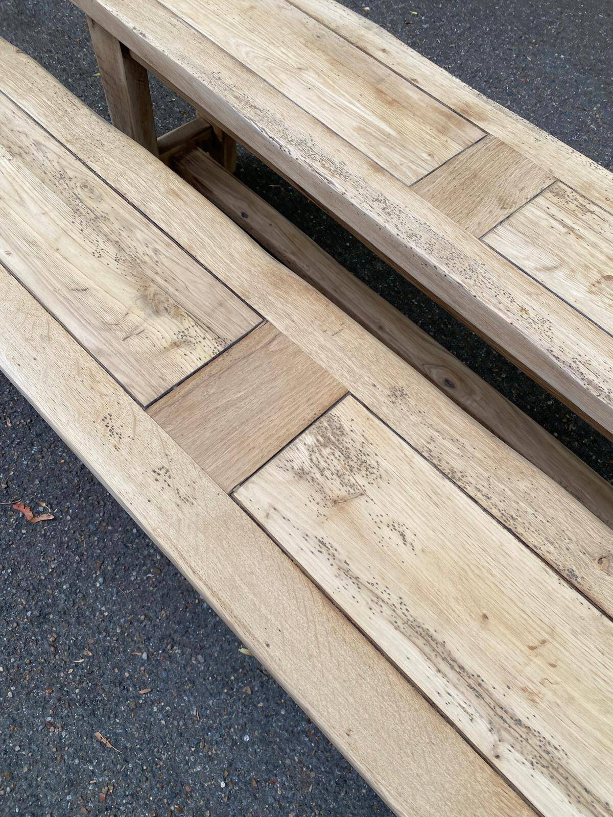 2 stripped farmhouse benches in solid oak 1950 200cm