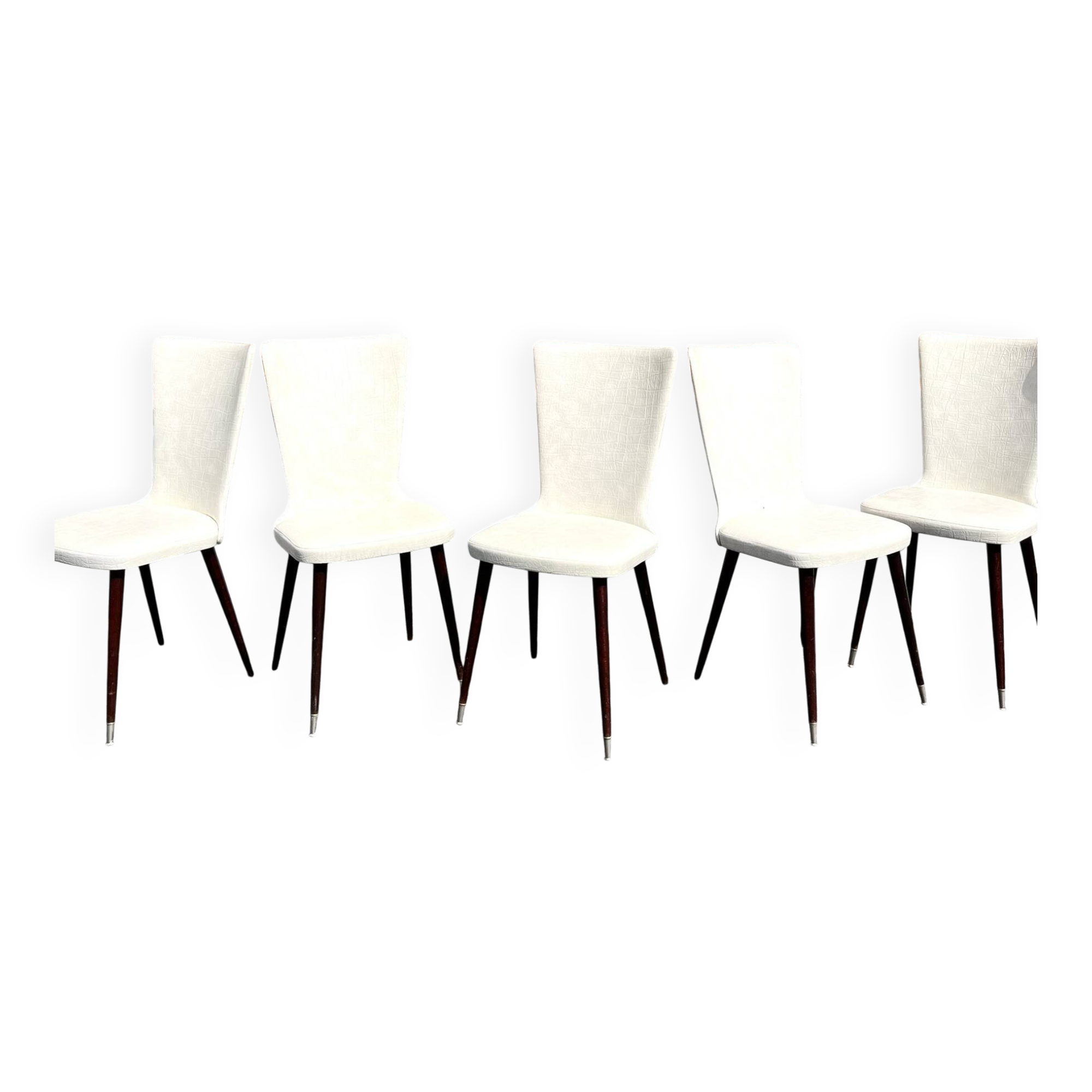 Set of 4 vintage Baumann chairs, in wood and white faux leather, model ESSOR.