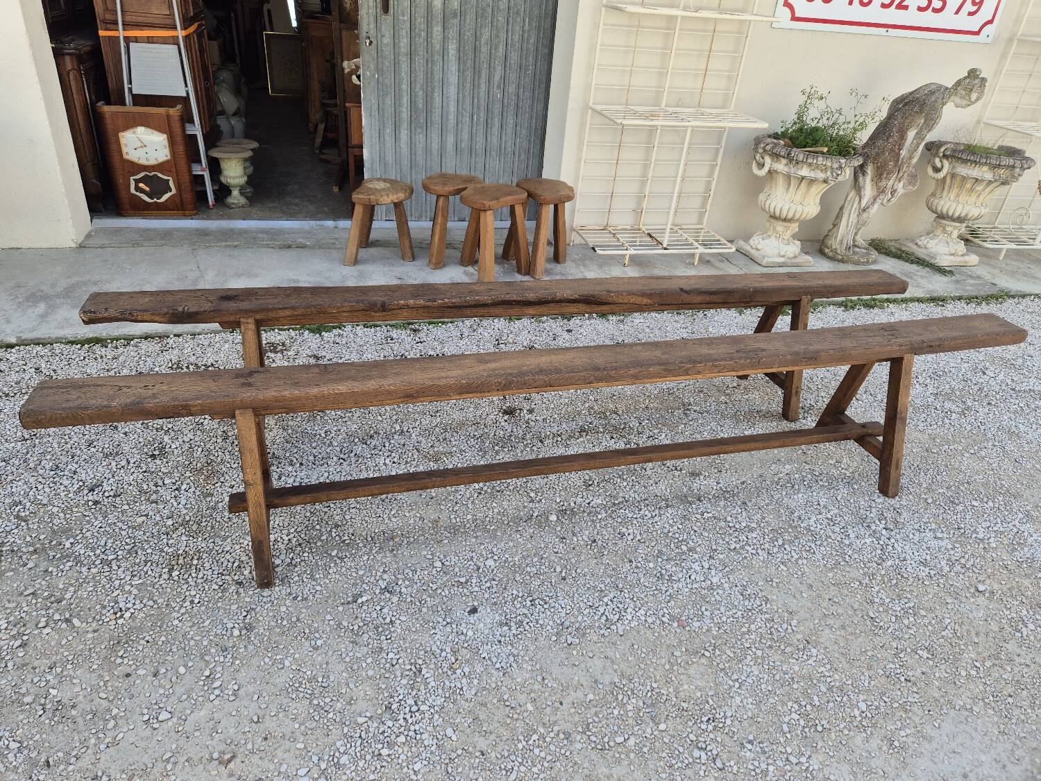 Pair of rustic solid oak farm benches 19th century - 2m90