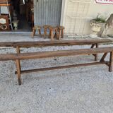 Pair of rustic solid oak farm benches 19th century - 2m90