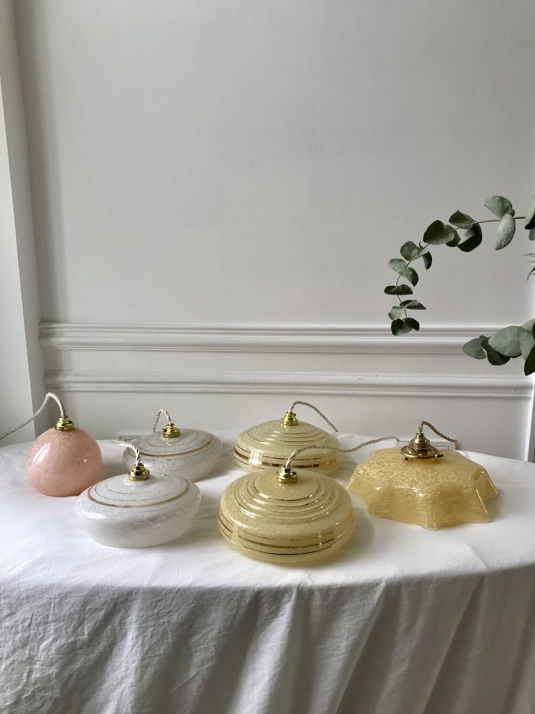 Pair of suspensions in white Clichy glass and golden edging 40s-50s