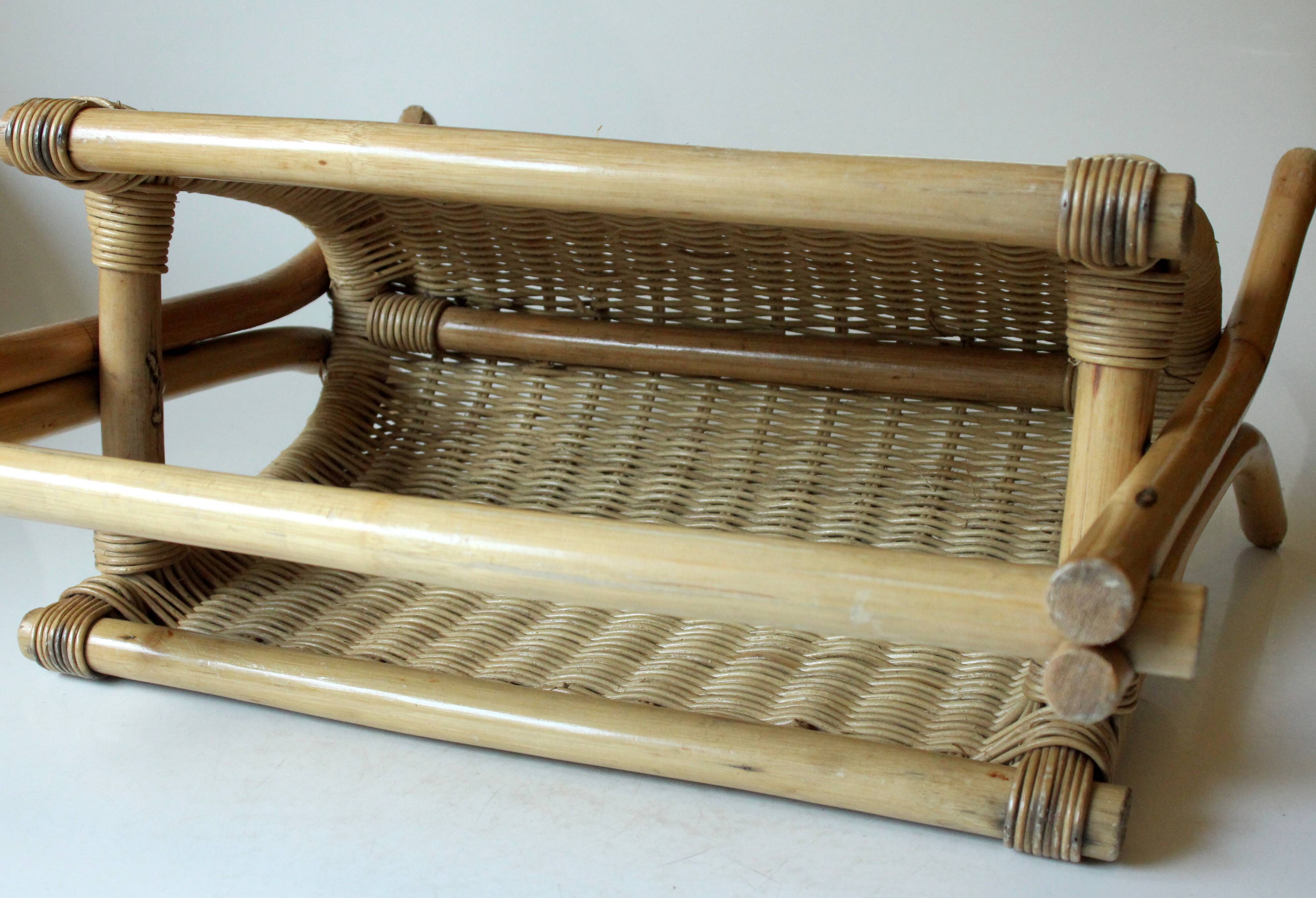 Magazine rack made of bamboo, rattan and wood, vintage from the 70s