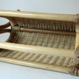 Magazine rack made of bamboo, rattan and wood, vintage from the 70s