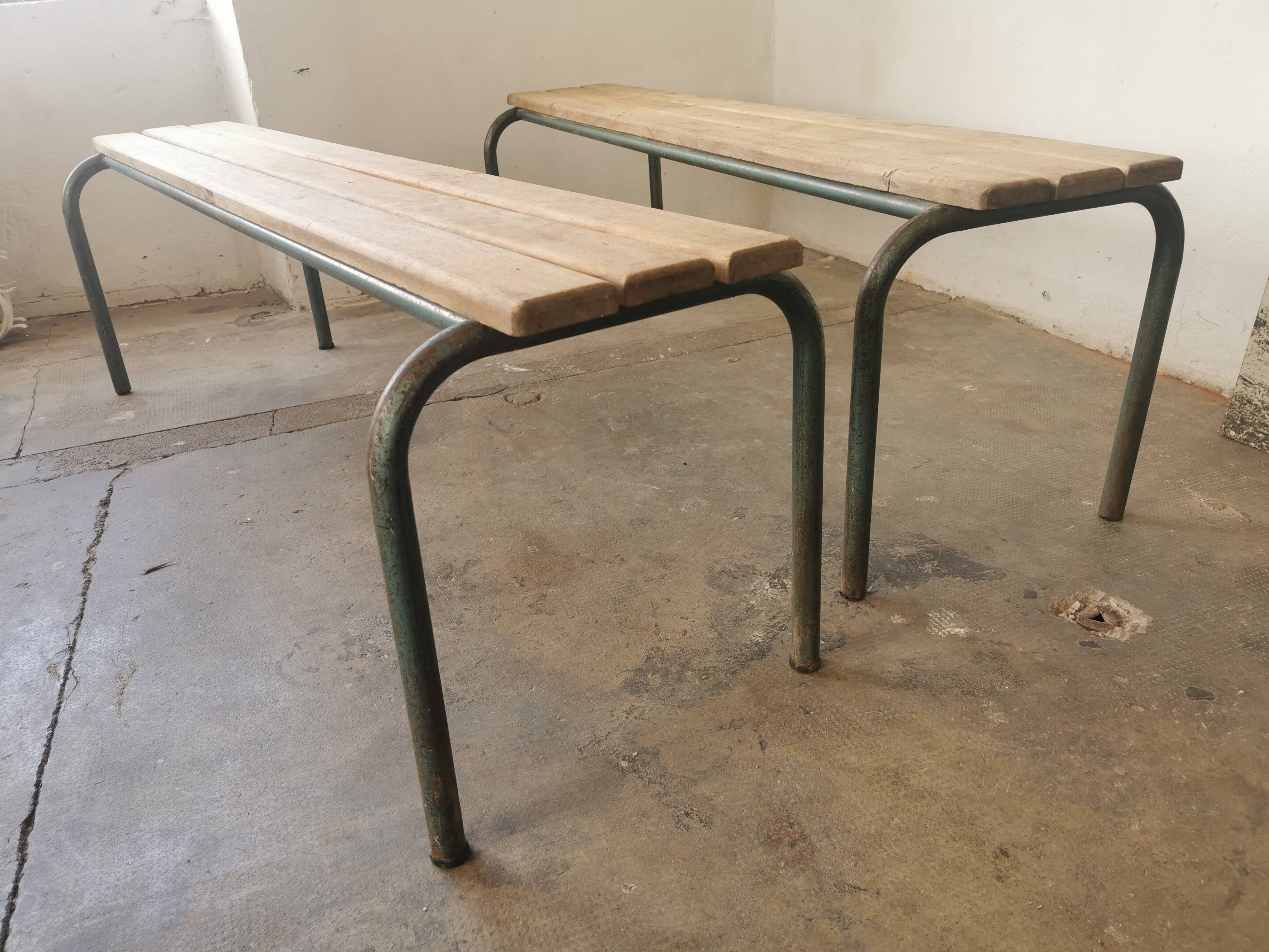 Pair of vintage metal and wood school benches
