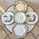 set of 5 flat plates Terre de Fer mismatched Sarreguemines "Griffon", Salins "Ninon" and Mouli