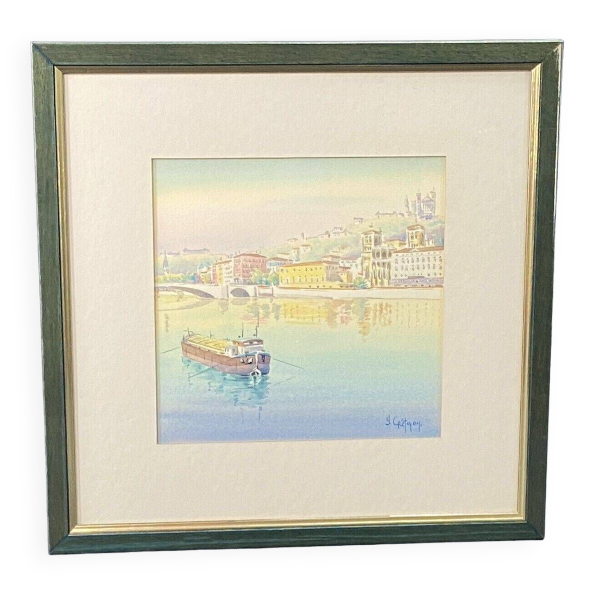 Painting signed Cretinon watercolor view of Lyon Notre-Dame de Fourvière Basilica