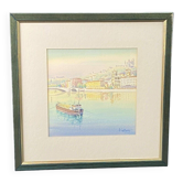 Painting signed Cretinon watercolor view of Lyon Notre-Dame de Fourvière Basilica