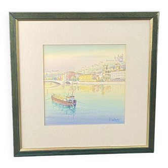 Tableau signé Cretinon aquarelle vue de Lyon Basilique Notre-Dame de Fourvière