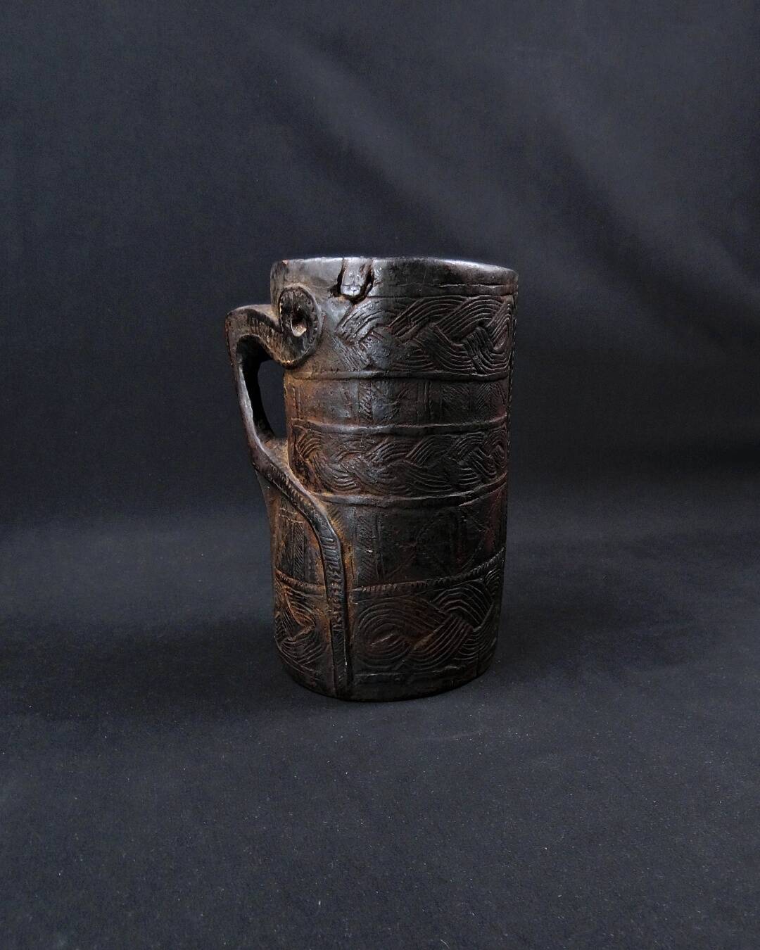 Nepalese milk jug in brown patina wood, Sherpa folk craft, 20th century