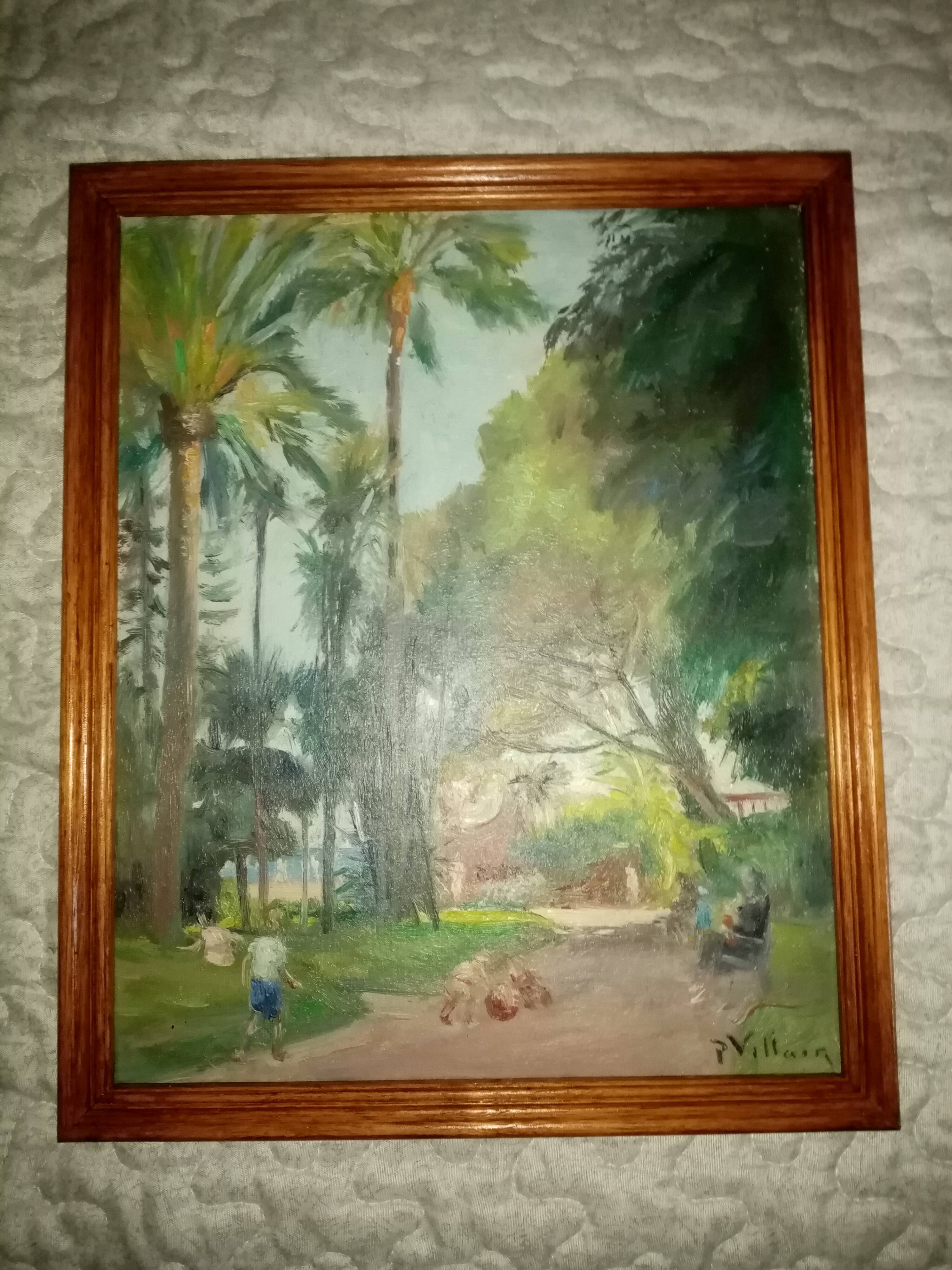Old impressionist painting "the garden of the massena museum" sign pierre villain