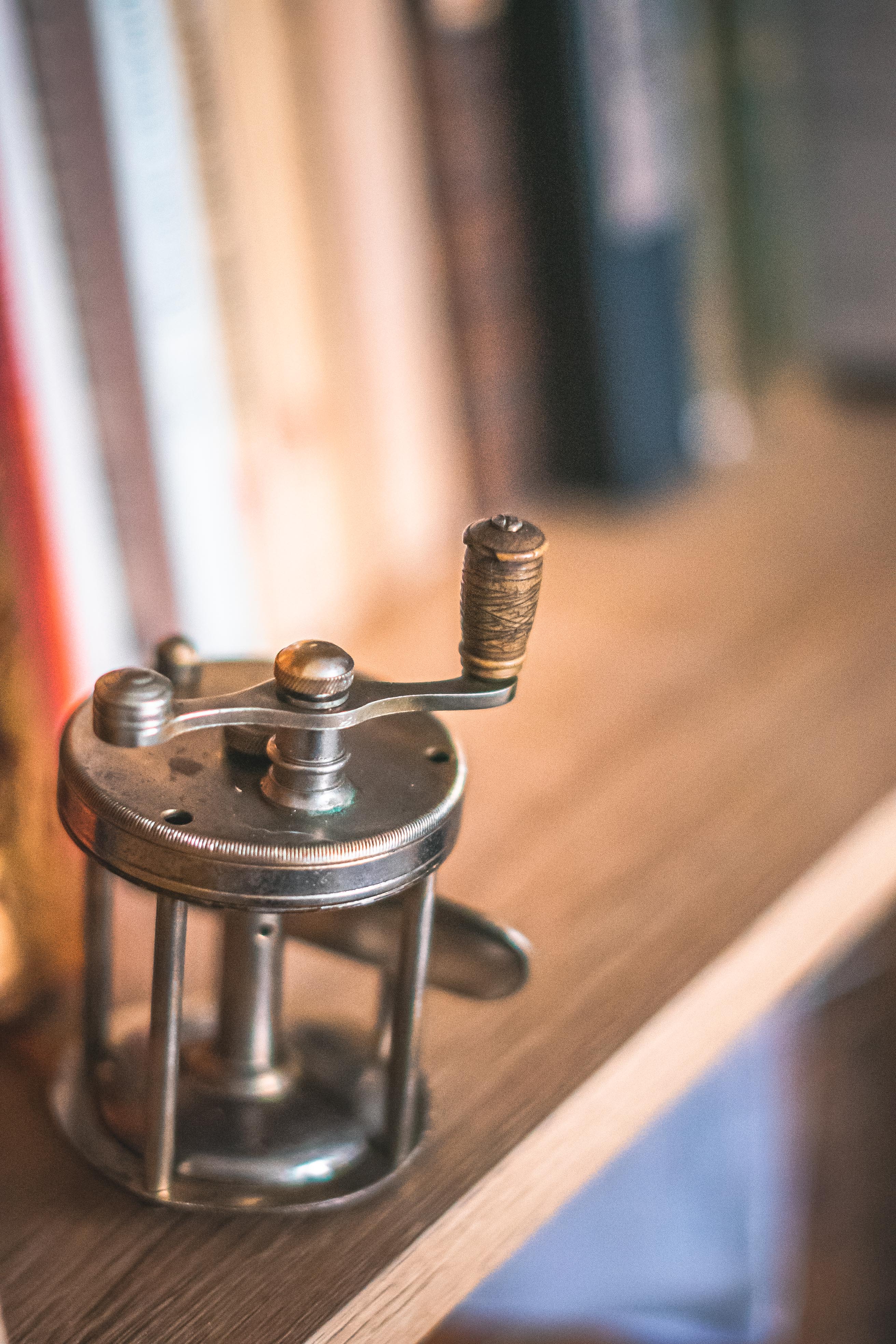 Old little fishing rod reel presto with bone handle fisherman collection