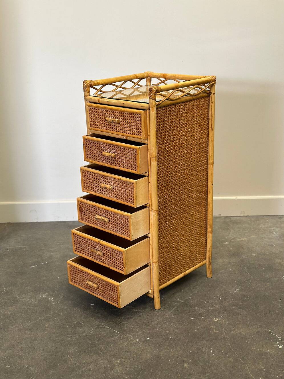 Mid-century rattan highboy / tallboy chest of drawers by Angraves, England, 1970