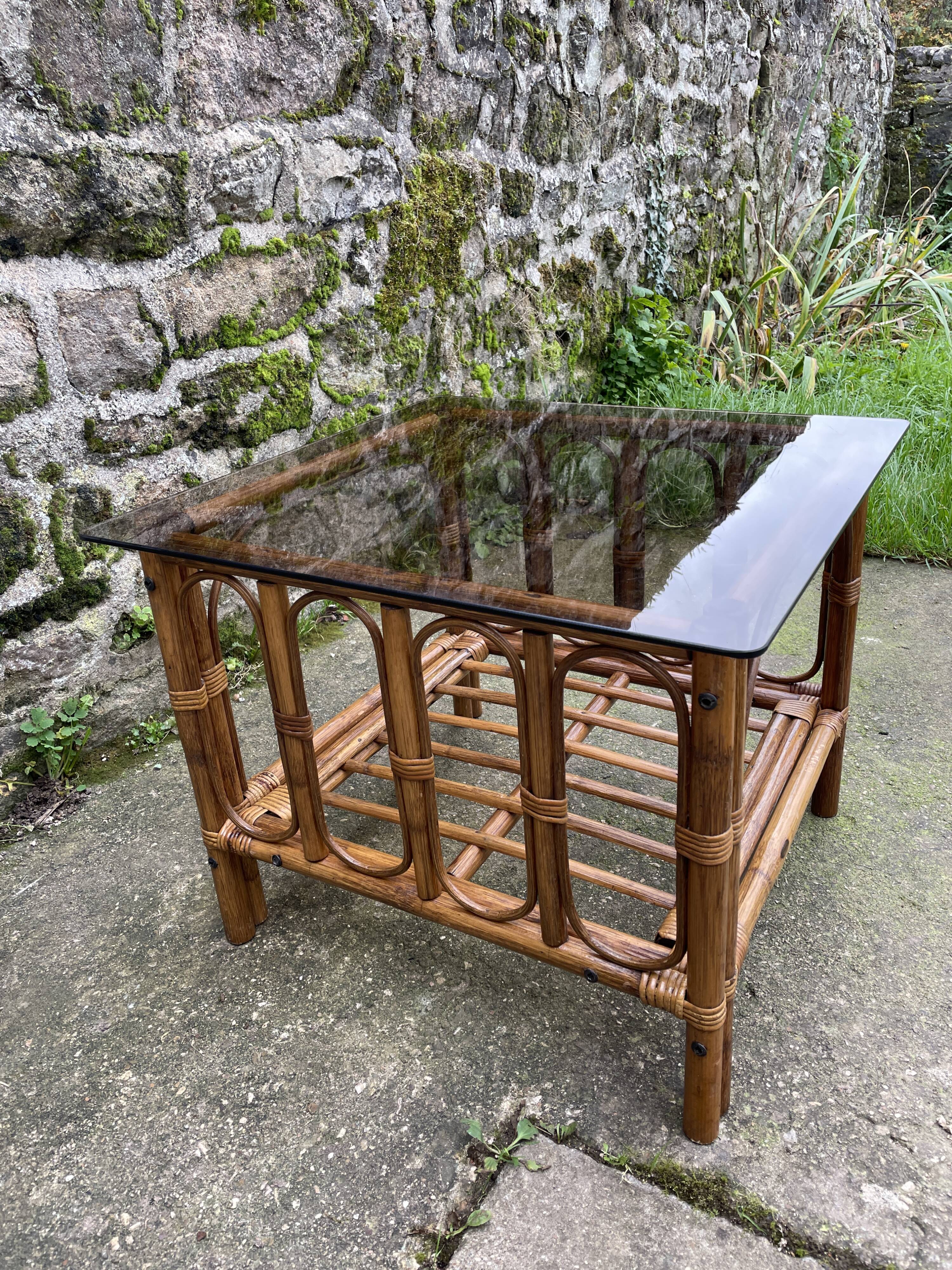 Square coffee table in smoked glass and bamboo, 1970.