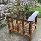 Square coffee table in smoked glass and bamboo, 1970